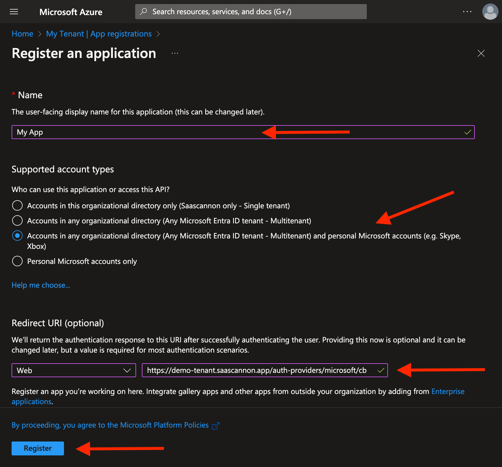 Screenshot of the completed New App Registration from in the Azure Portal