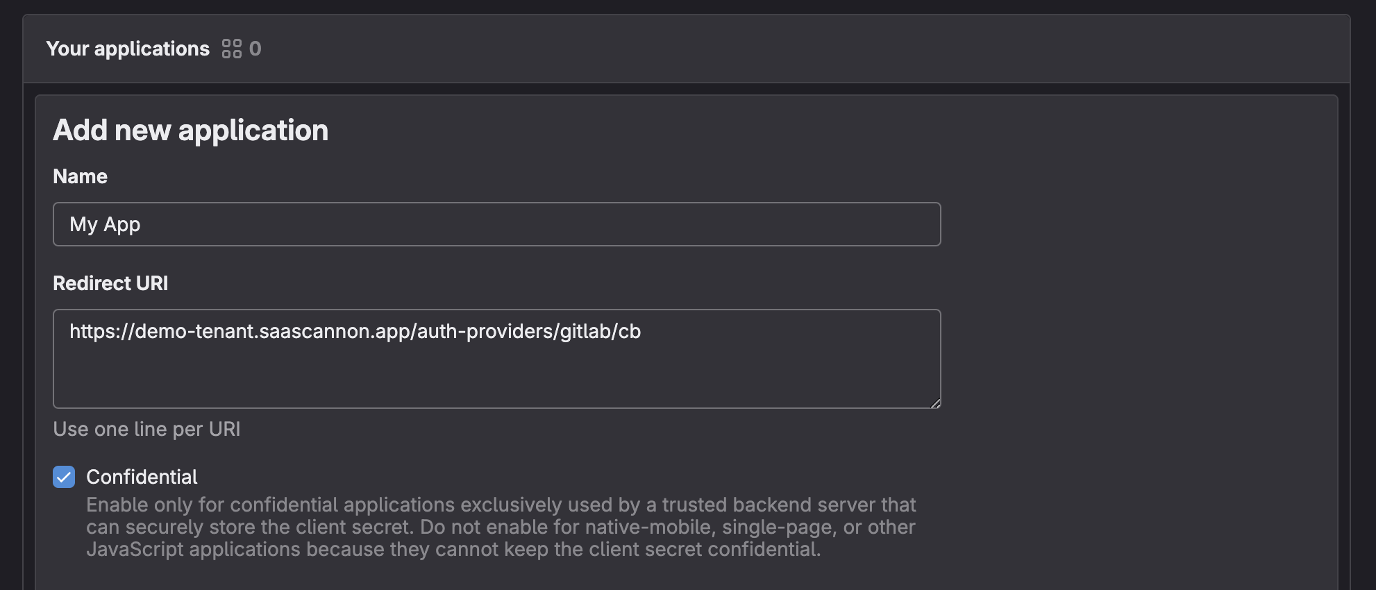 Screenshot of the name, redirect url and confidential options filled out in the create application form