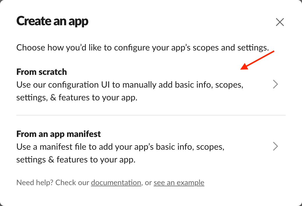 Screenshot of the create an app popup with from scratch and from app manifest options with an arrow pointing to the from scratch option