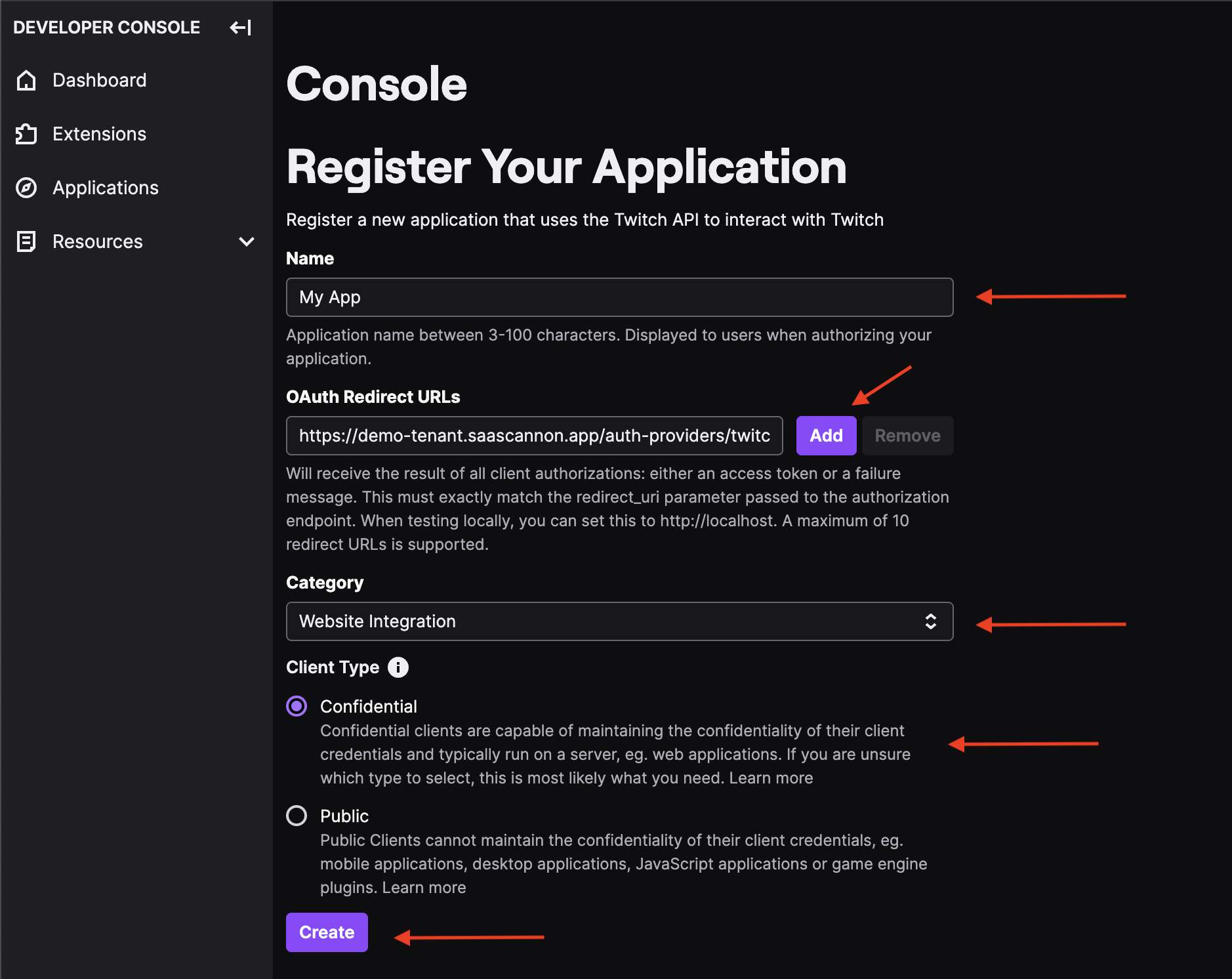 Screenshot of the completed twicth register application form