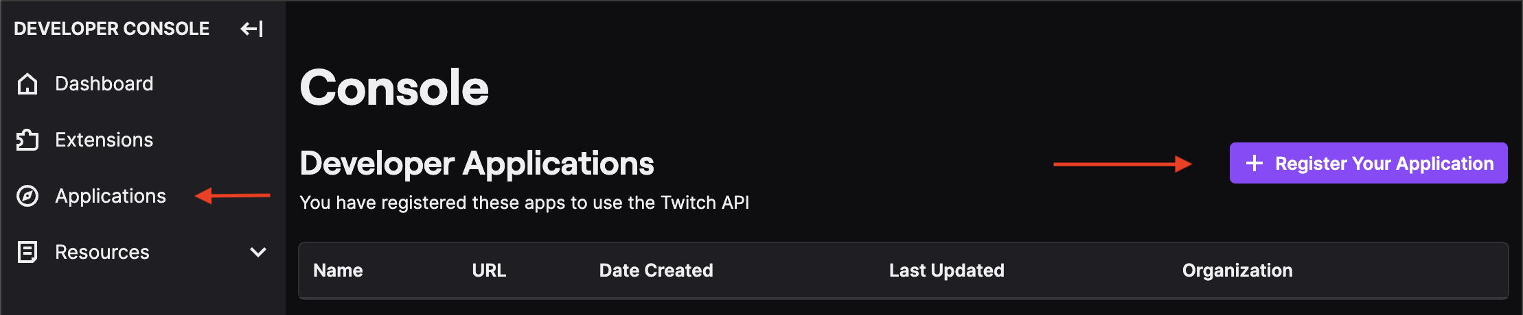 Screenshot of the twicth developer console applications page wirth an arrow pointing to the register application button