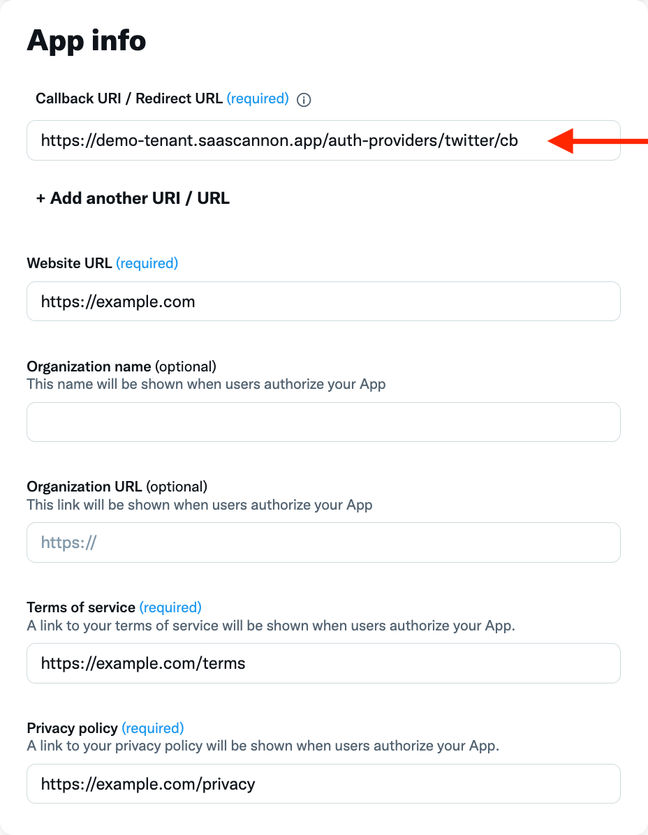 Screenshot of required type of app settings for twitter app used for saascannon auth provider