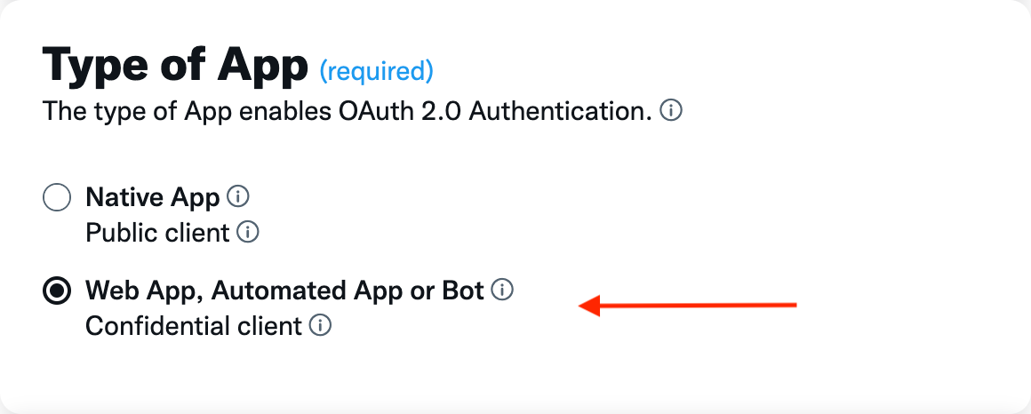 Screenshot of required type of app settings for twitter app used for saascannon auth provider