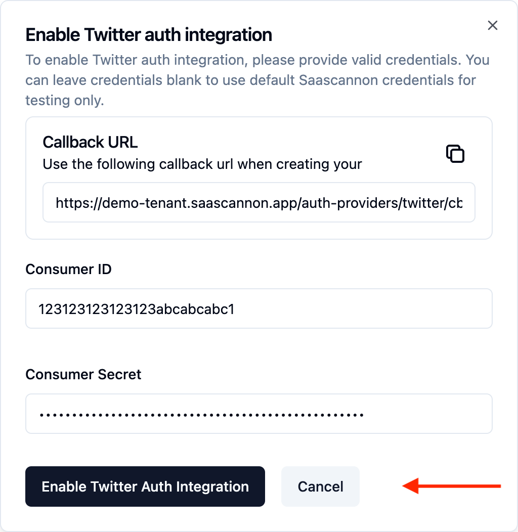 Screenshot of the completed twitter auth provider form from the saascannon dashboard