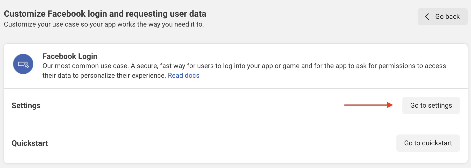 Screenshot of the Facebook Login section in the facebook app authentication customisation page showing an arrow to go to settings