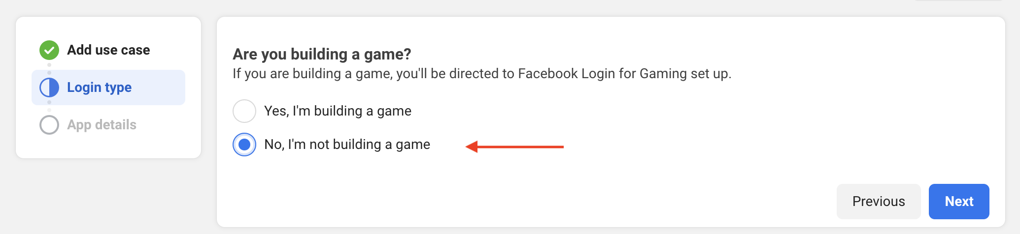 Screenshot showing the facebook create app flow selecting the Login type