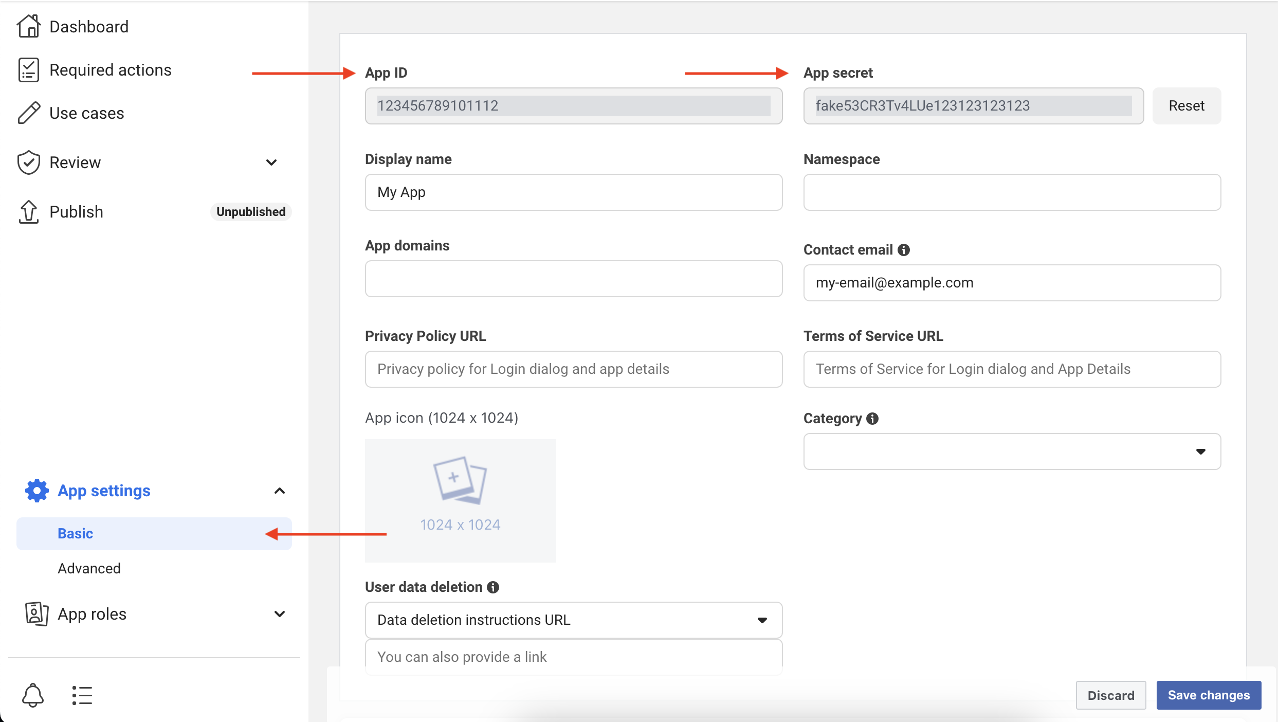 Screenshot showing the facebook created app settings with arrows pointing at the app id and app secret