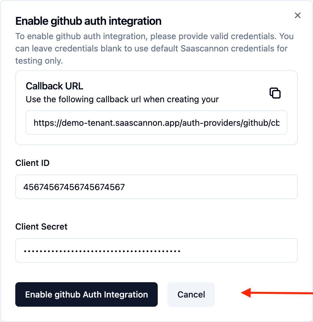 Screenshot of the completed enable github auth provider form in the saascannon dashboard