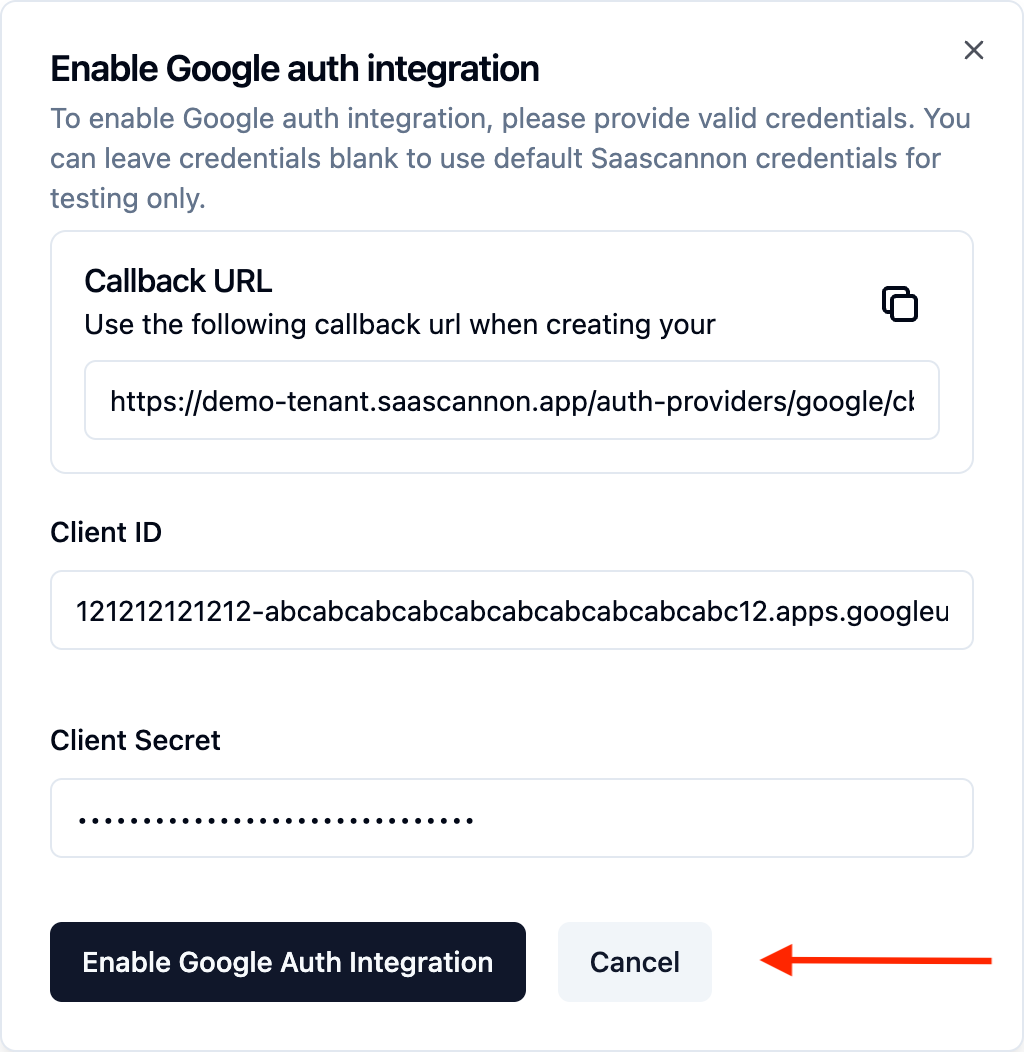 Screenshot of the completed enable google auth provider form in the saascannon dashboard