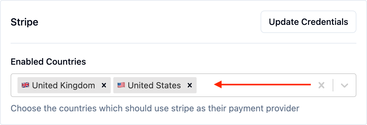 Screenshot from the shop settings page in the saascannon dashboard showing a select input for countries against the Stripe payment provider