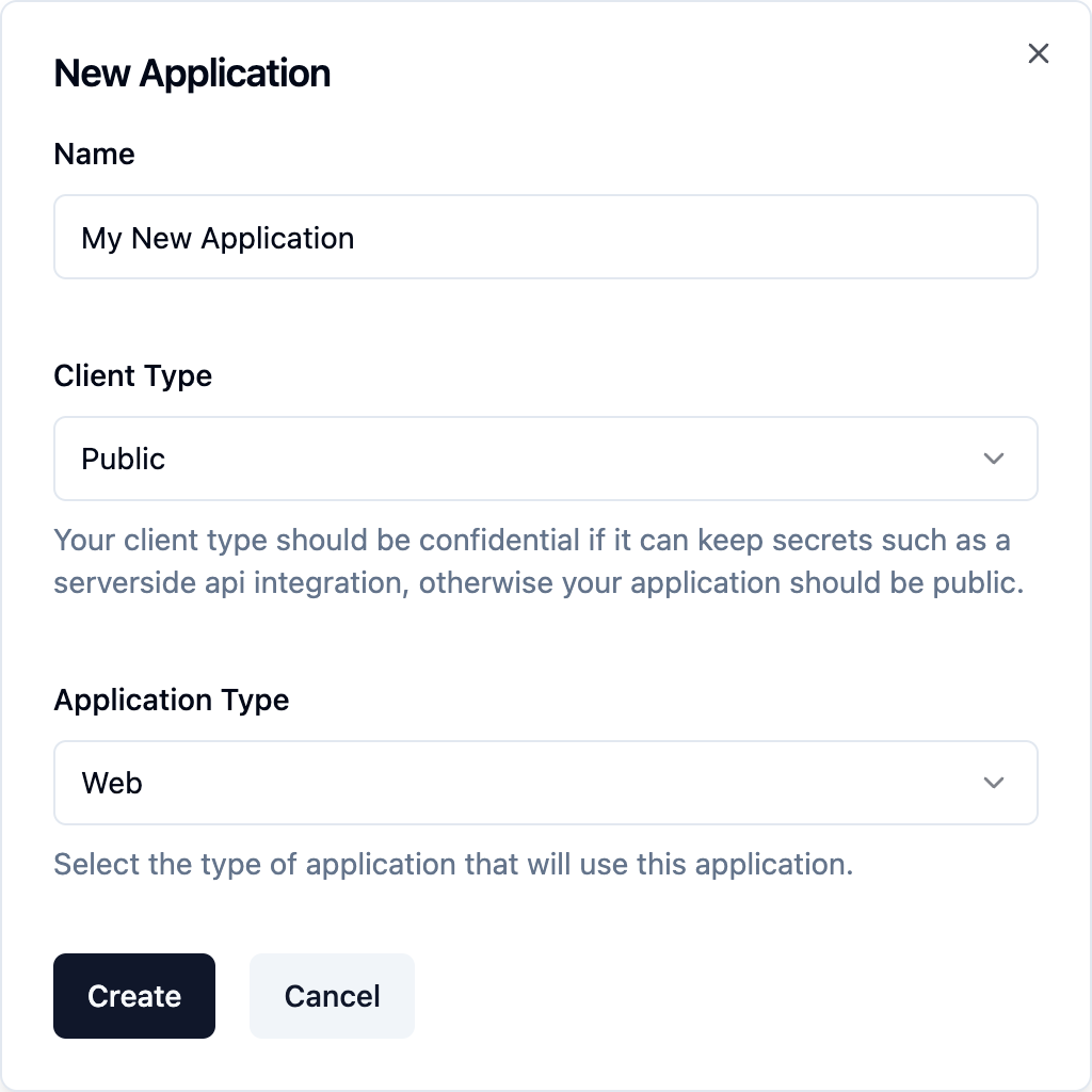 Form showing the creation of an application in the saascannon dashboard with a public client type selected, and a web application type selected