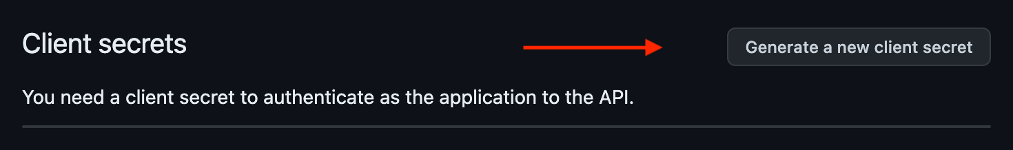 Screenshot of the newly created github oauth app with an arrow pointing to the generate new client secret button
