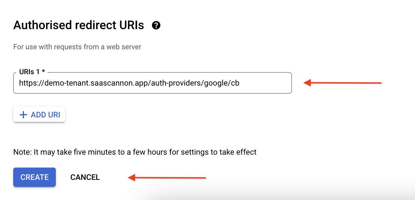 Screenshot of a completed google oauth create credentials form in the google cloud console