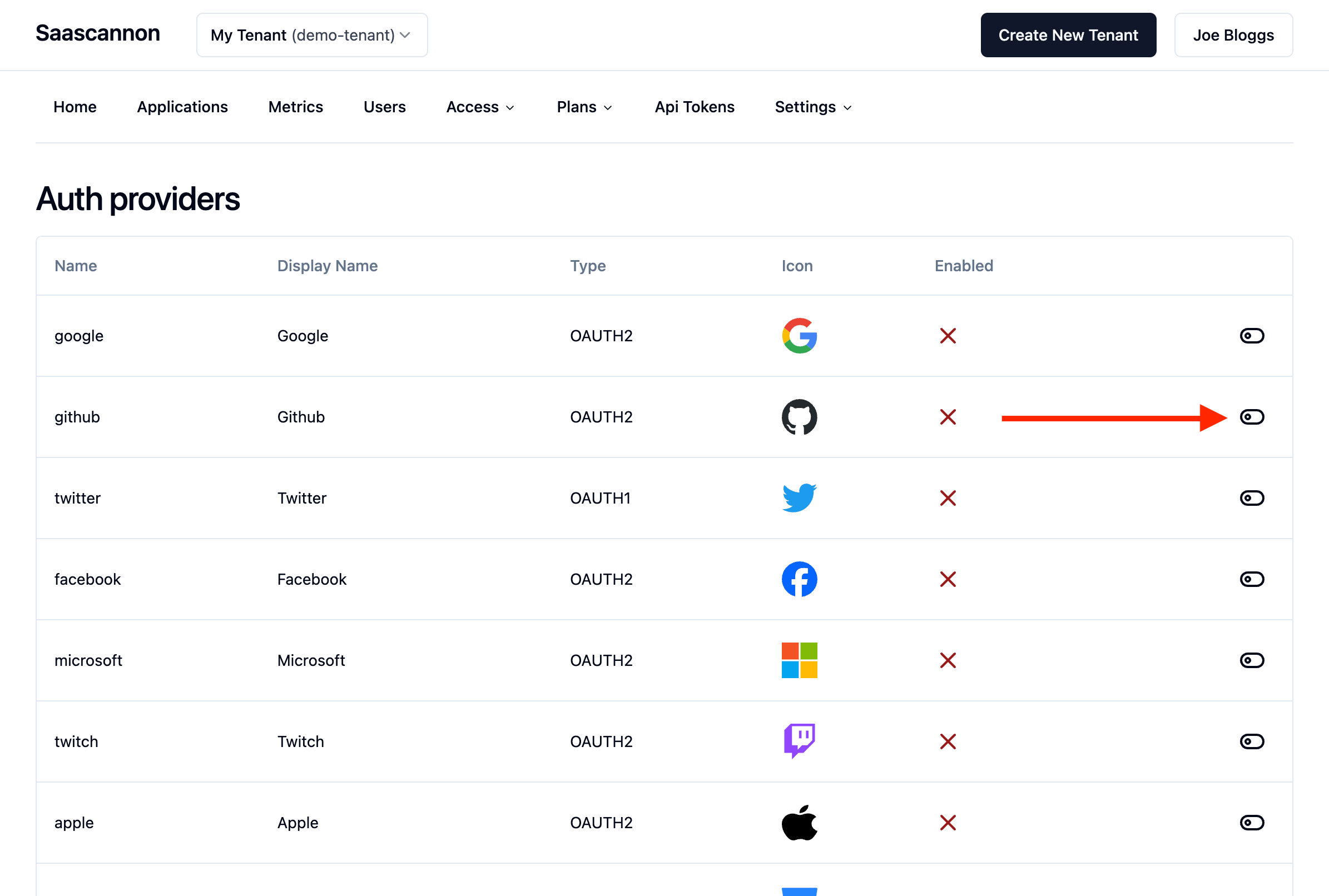 Screenshot showing an arrow pointing to the enable button for the github auth provider in the saascannon dashboard